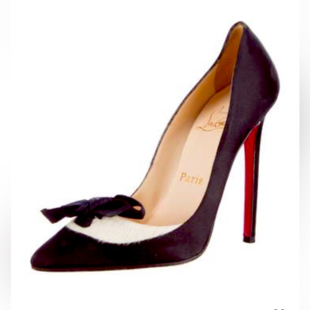 Christian Louboutin black satin pointy toe heels with bow detail